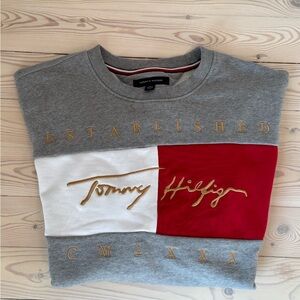 Tommy Hilfiger Gray, Red, and White Large Crewneck Sweater